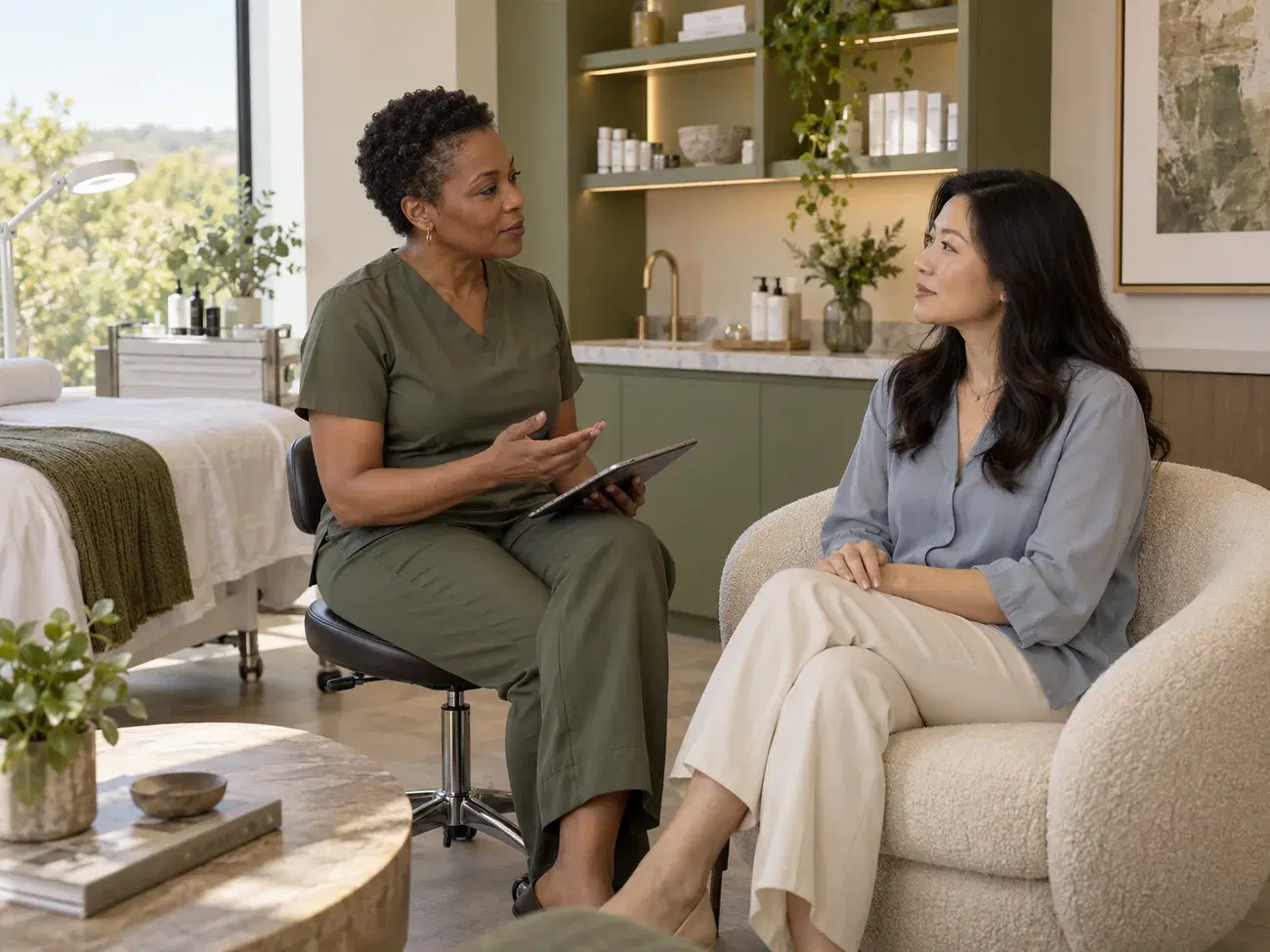 Medical spa clinician speaking with a client